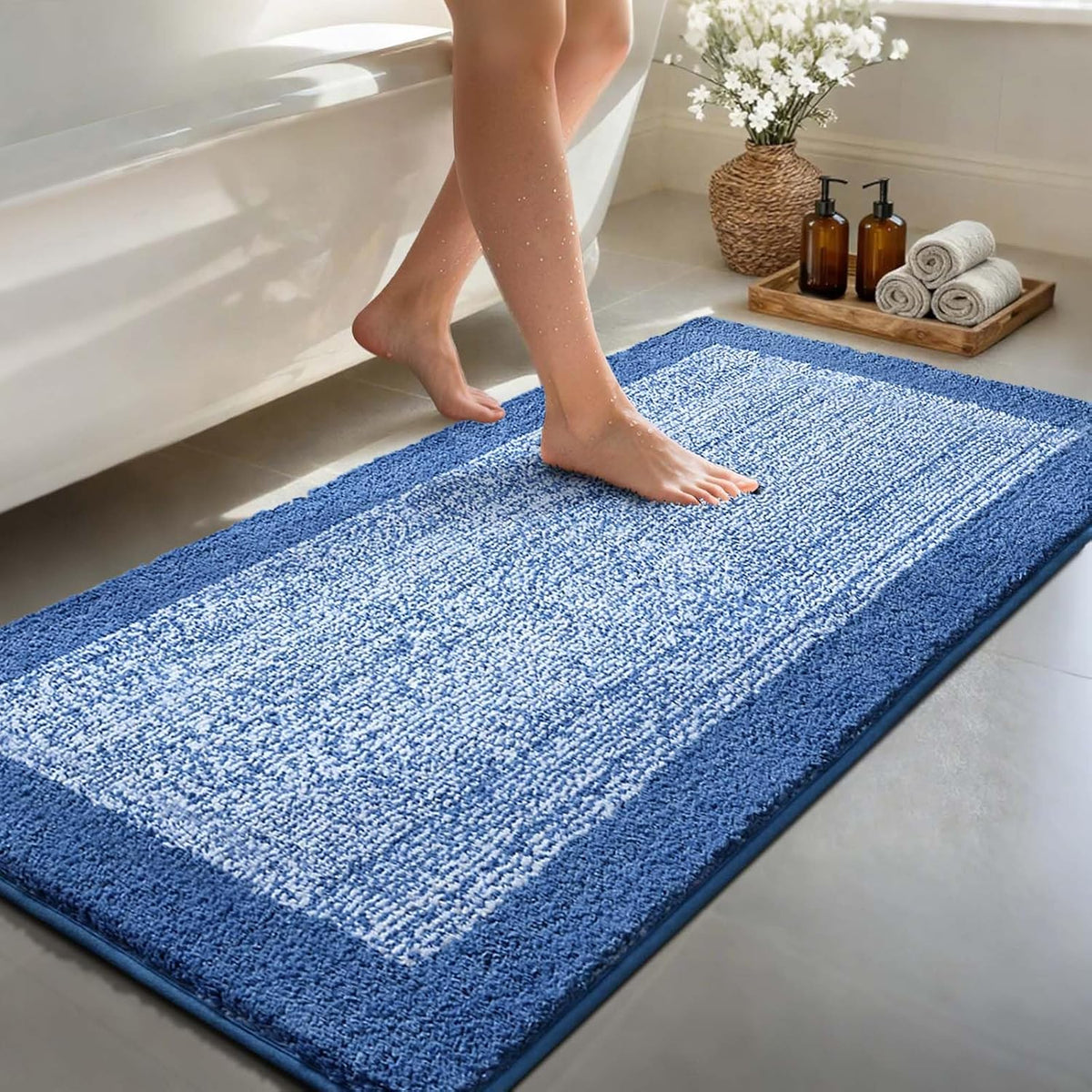 48x24 Long Bathroom Rugs Non Slip Washable, Soft Absorbent Bath Mat Blue
