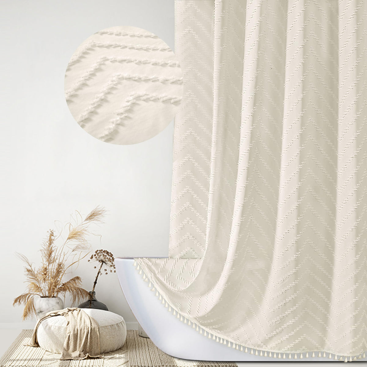 Siiluminisoy Boho Shower Curtain with Tassel Woven Fabric Olive Green Shower Curtain 72 x 72 Modern Farmhouse Textured Tufted Chevron Striped Minimalist Bathroom Shower Curtains