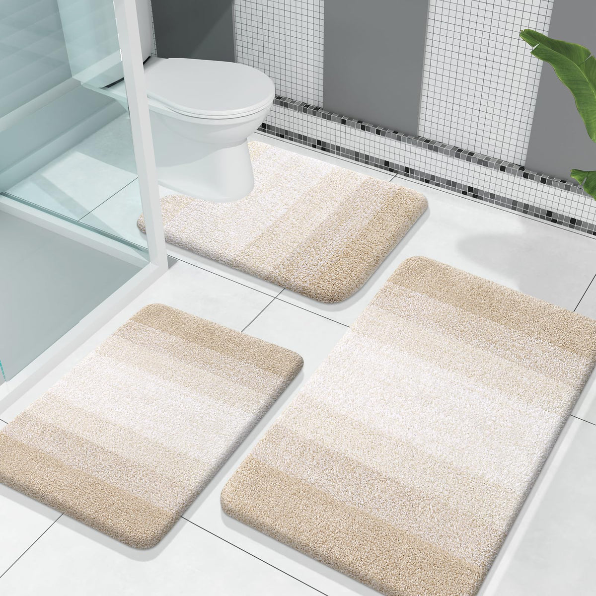 OLANLY Microfiber Bathroom Rugs Sets 3 Piece, Absorbent Bath Mats, Grey