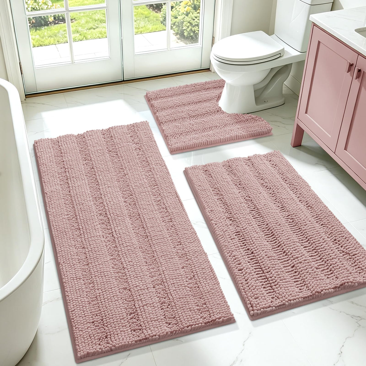 ACCUMTEK Christmas Striped Pink Bathroom Rug Set 3 Pieces Ultra Soft, Non Slip Chenille Toilet Mat, Absorbent Plush Shaggy Bath Mats for Bathroom, Bedroom, Kitchen