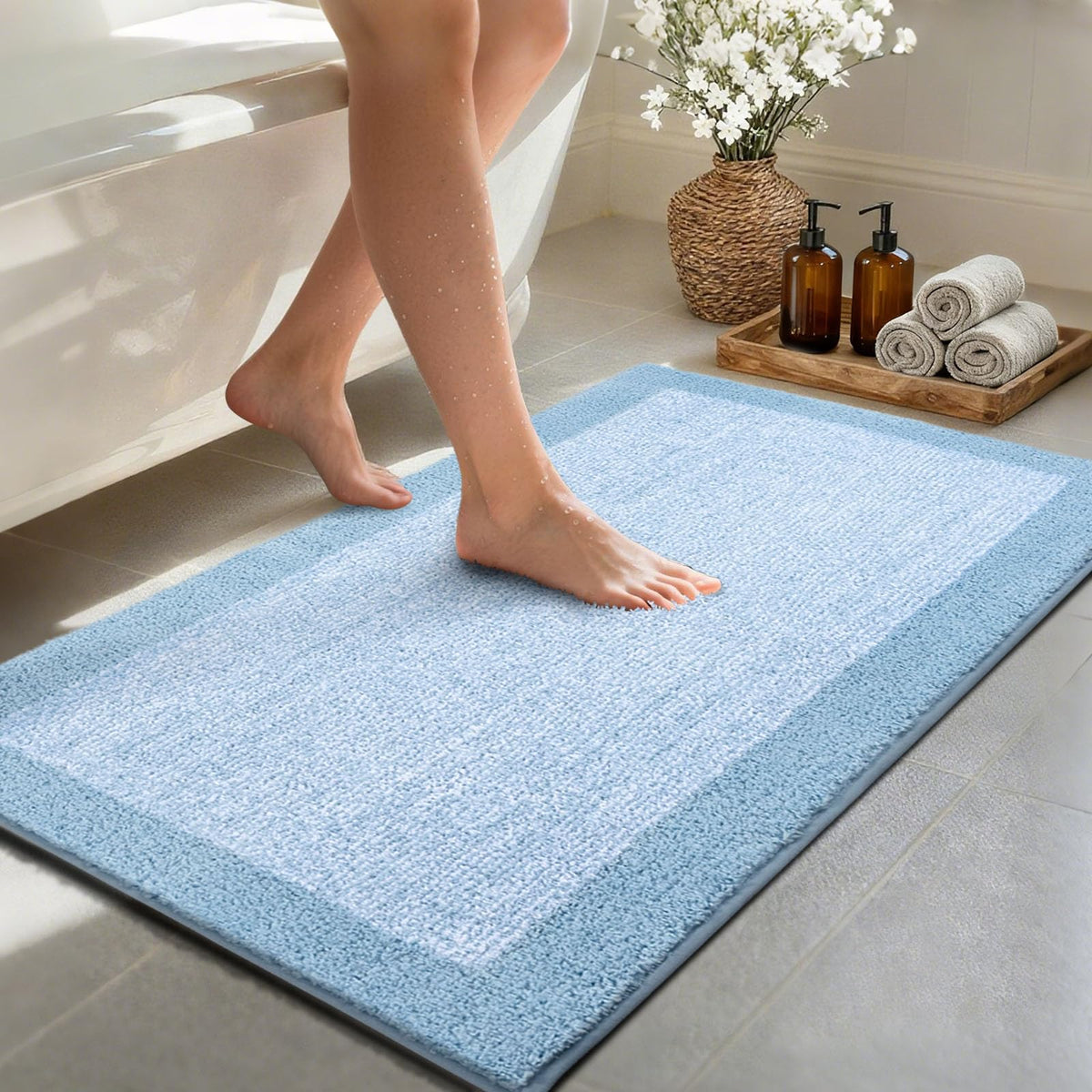 48x24 Long Bathroom Rugs Non Slip Washable, Soft Absorbent Bath Mat Blue