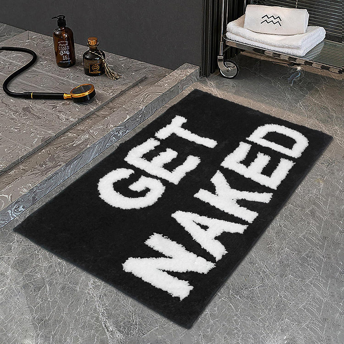 Black Get Naked Bath Mat, Long Runner Mat for Bathroom, Cute Fun Simple Bath Rug, Water Absorbent Non-Slip Microfiber Mat, 18"x47"