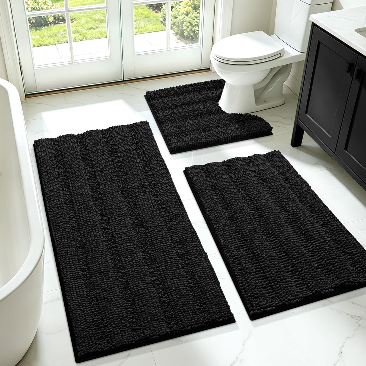 ACCUMTEK Christmas Striped Pink Bathroom Rug Set 3 Pieces Ultra Soft, Non Slip Chenille Toilet Mat, Absorbent Plush Shaggy Bath Mats for Bathroom, Bedroom, Kitchen