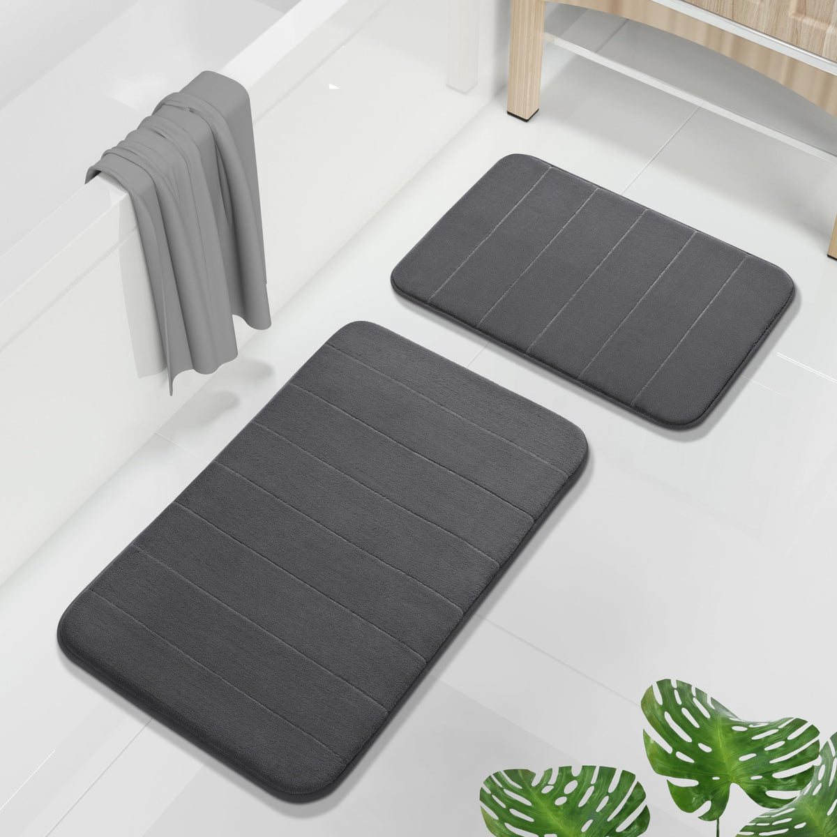 Yimobra Memory Foam Bathroom Rugs Sets 2 Piece - Super Soft Absorbent Quick Dry Bath Mat Set, Machine Washable Non Slip Floor Carpet for Tub Shower & Single Sink (17x24 & 31.5x20 Inch, Gray)