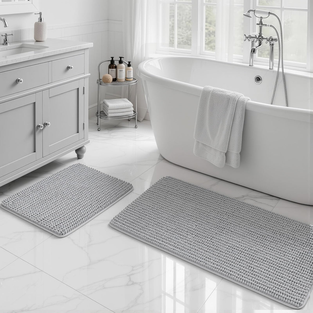Ophanie Grey Bathroom Rugs 30x20, Soft Chenille Bath Mat, Non Slip Absorbent Quick Dry Light Gray Mats, Machine Washable Thick Small Area Rug Sets,Grip Bathmat for Shower,Toilet,Sink and Indoor Floor