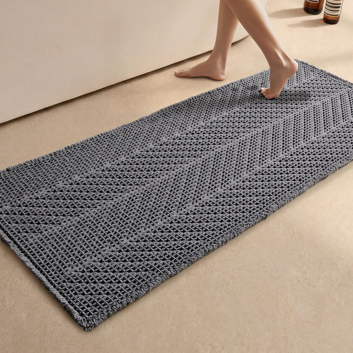Sunfly Boho Herringbone Waffle Bath Mat, Ultra Soft Non-Slip Bathroom Rug - Super Absorbent & Quick Dry, Washable Bath Rug for Bathroom 16"x24" Taupe