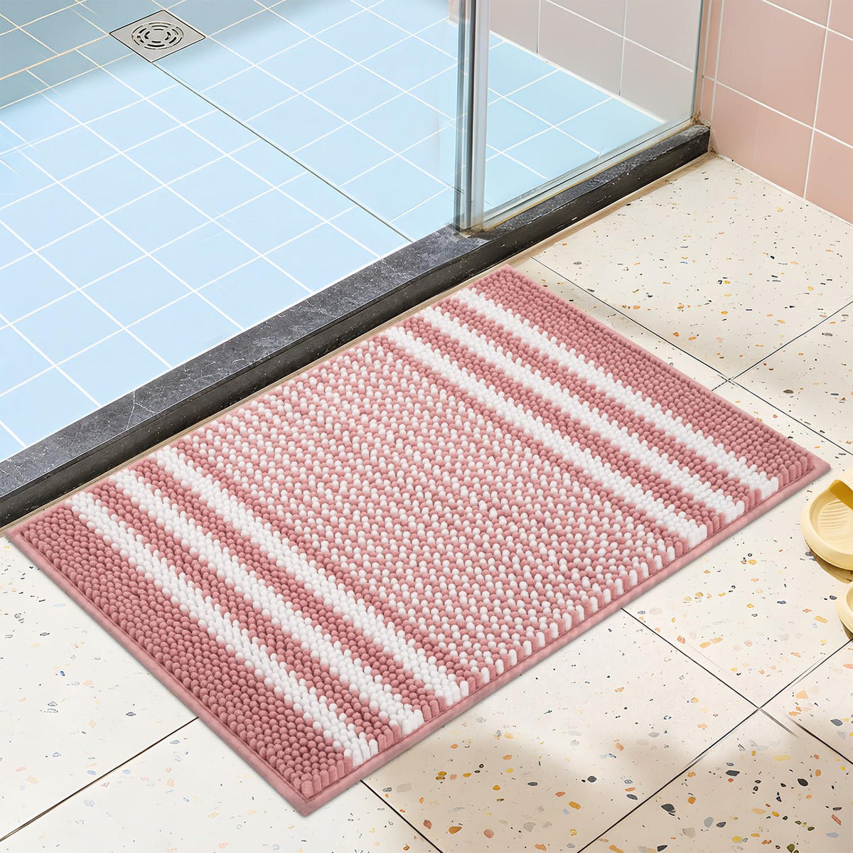 BSICPRO Large Chenille Bathroom Rugs Runner, 20x47 Striped Bath Mats, Beige