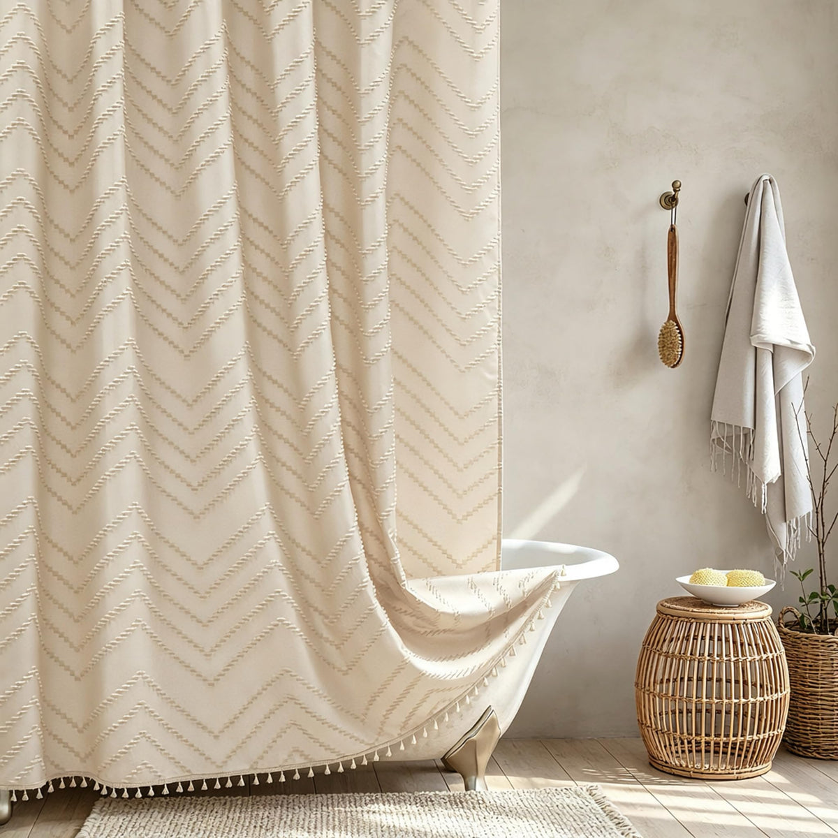 Siiluminisoy Boho Shower Curtain with Tassel Woven Fabric Olive Green Shower Curtain 72 x 72 Modern Farmhouse Textured Tufted Chevron Striped Minimalist Bathroom Shower Curtains