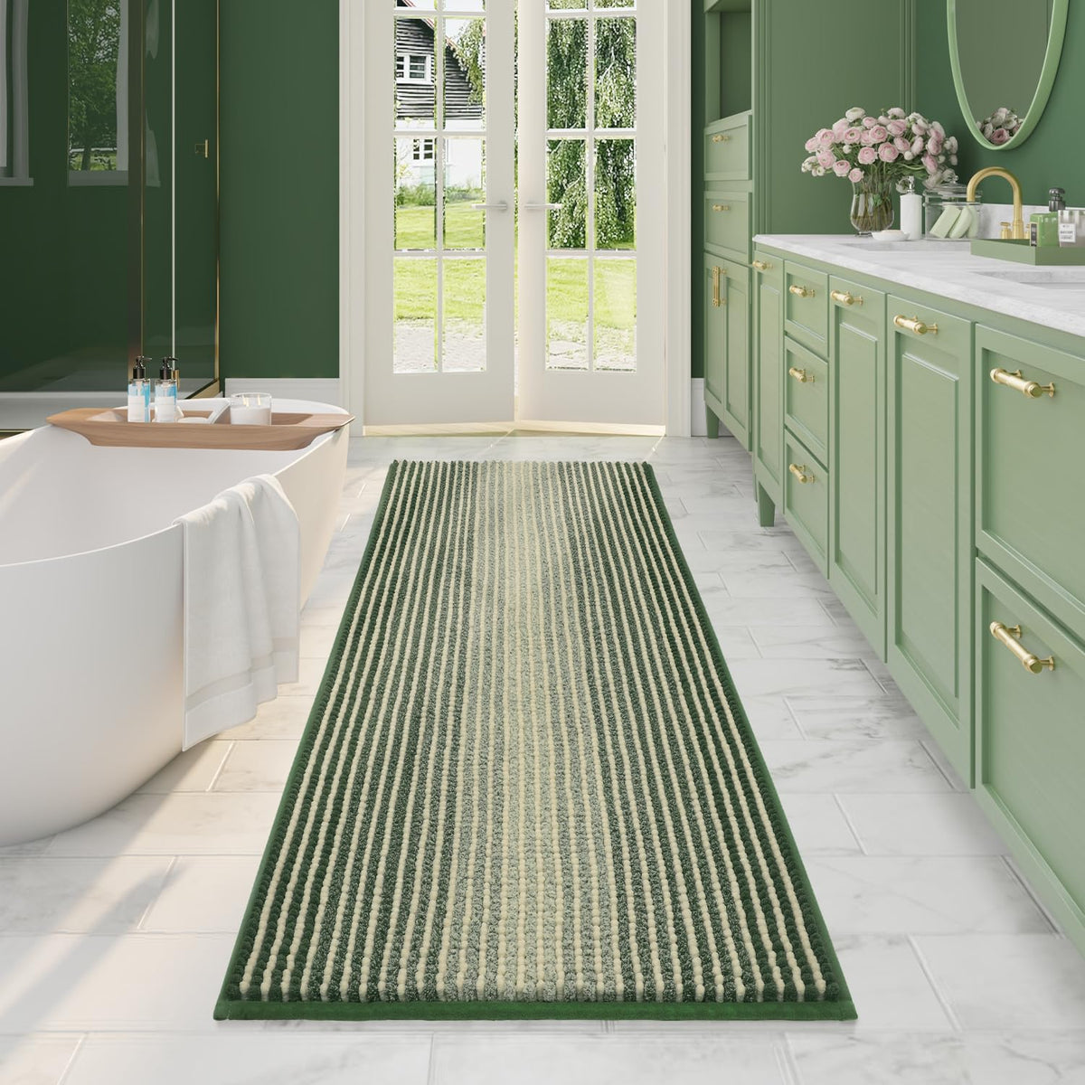 BSICPRO Large Chenille Bathroom Rugs Runner, 20x47 Striped Bath Mats, Beige