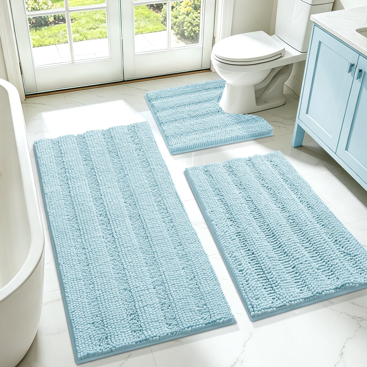 ACCUMTEK Christmas Striped Pink Bathroom Rug Set 3 Pieces Ultra Soft, Non Slip Chenille Toilet Mat, Absorbent Plush Shaggy Bath Mats for Bathroom, Bedroom, Kitchen