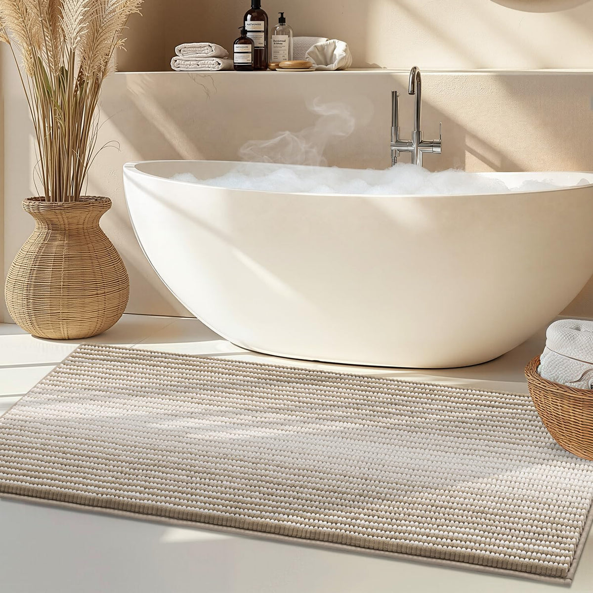 BSICPRO Large Chenille Bathroom Rugs Runner, 20x47 Striped Bath Mats, Beige
