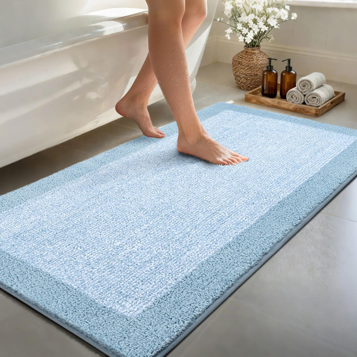 48x24 Long Bathroom Rugs Non Slip Washable, Soft Absorbent Bath Mat Blue