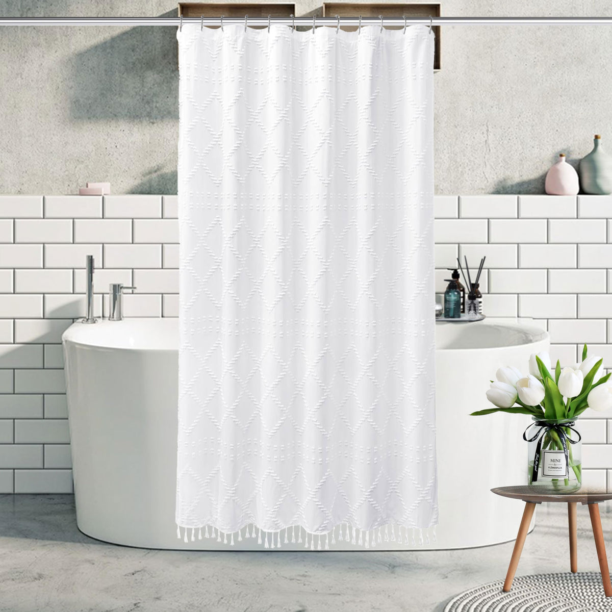 White Boho Shower Curtain Fabric Shower Curtains with Tassel 72 x 72 Modern Textured Shower Curtain Farmhouse Minimalist, Tufted Chevron Striped Shabby Chic, Water Resistant Cloth Curtain for Bathroom