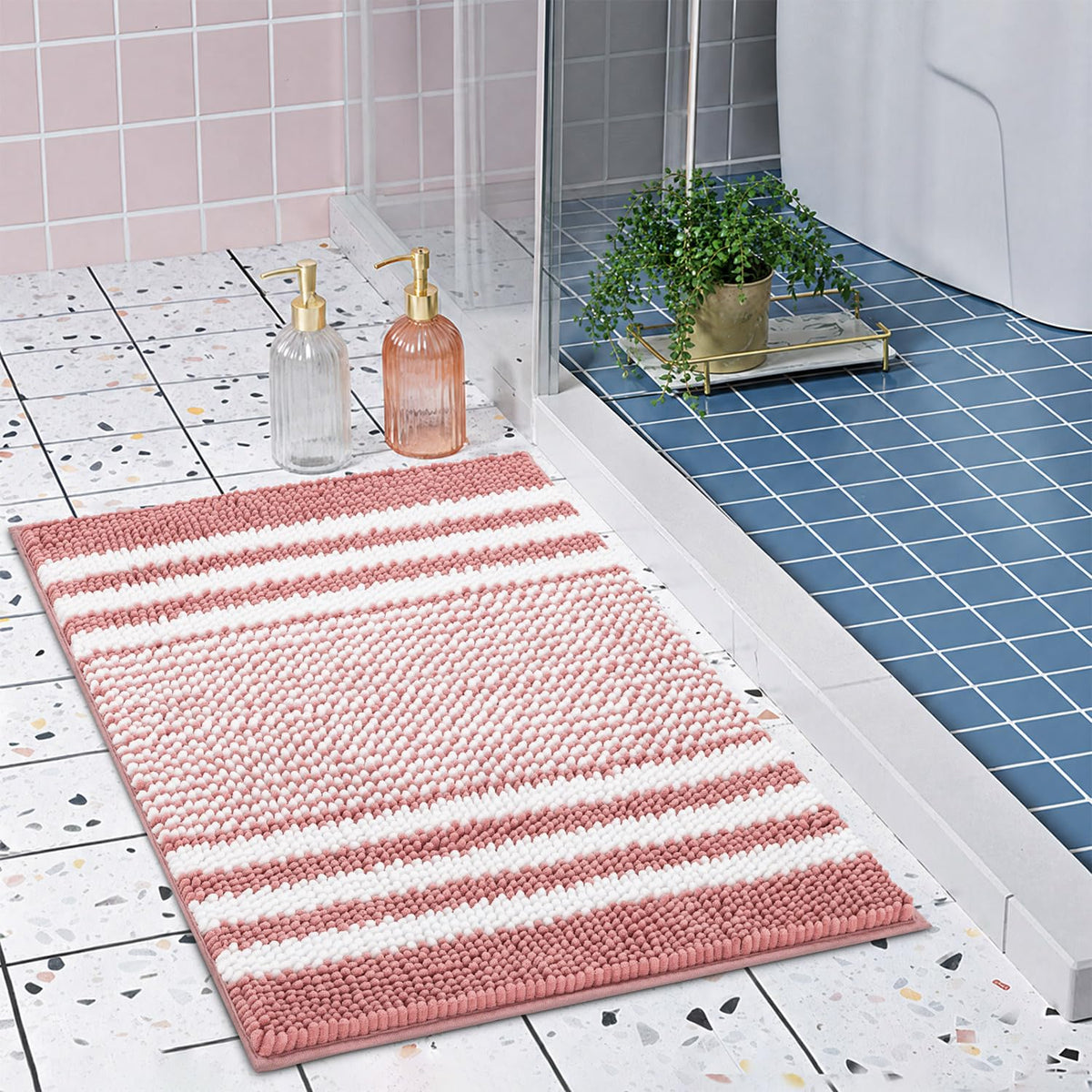 BSICPRO Large Chenille Bathroom Rugs Runner, 20x47 Striped Bath Mats, Beige