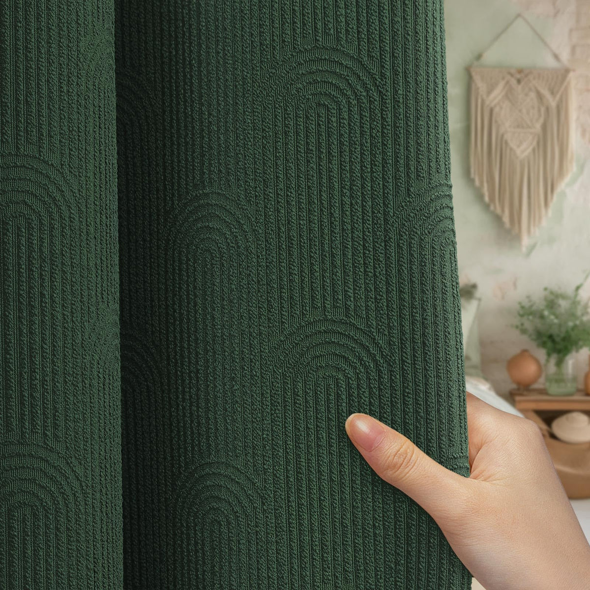 Dark Green Boho Cotton Shower Curtain Arch,72" W x 72" L
