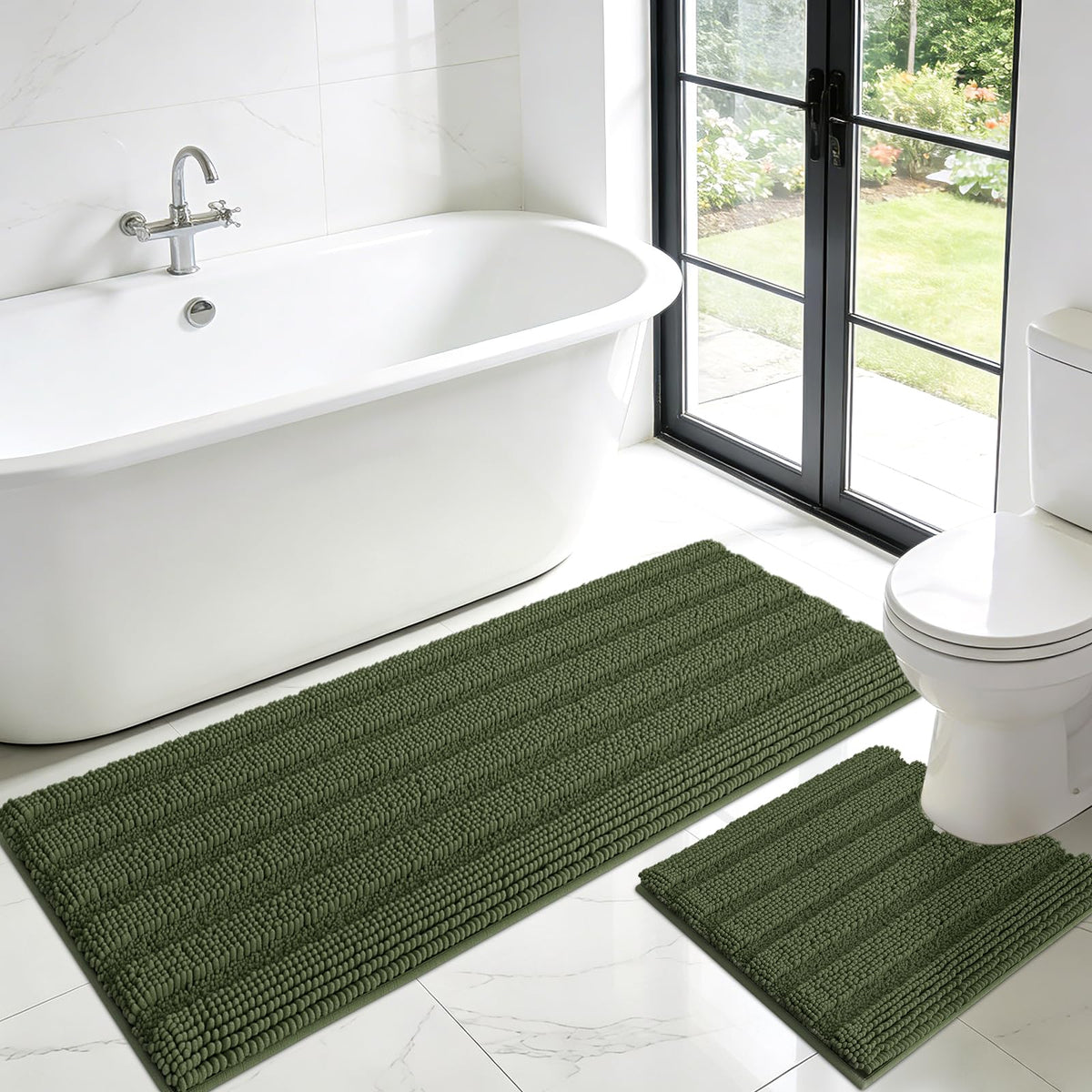 ACCUMTEK Christmas Striped Pink Bathroom Rug Set 3 Pieces Ultra Soft, Non Slip Chenille Toilet Mat, Absorbent Plush Shaggy Bath Mats for Bathroom, Bedroom, Kitchen