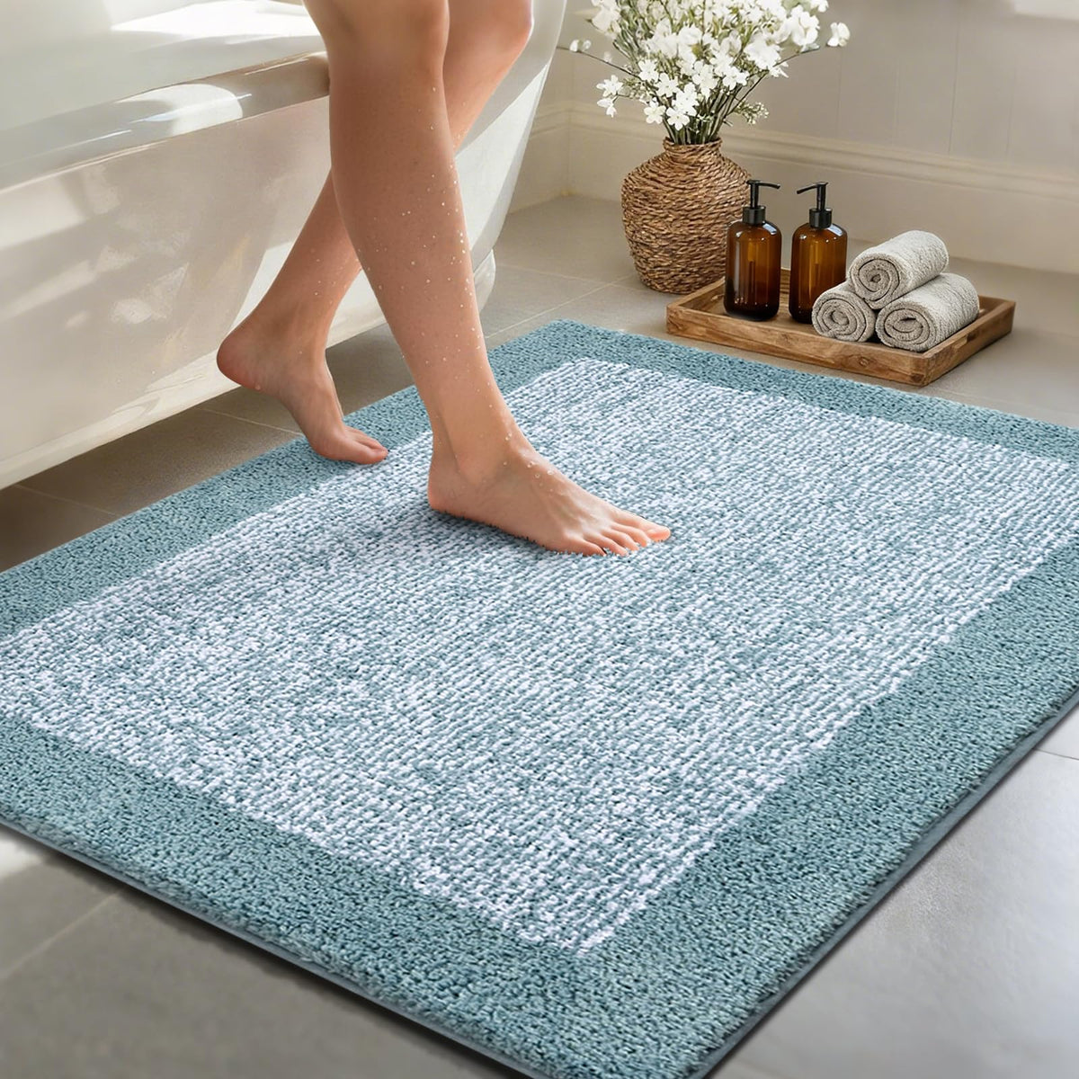 48x24 Long Bathroom Rugs Non Slip Washable, Soft Absorbent Bath Mat Blue