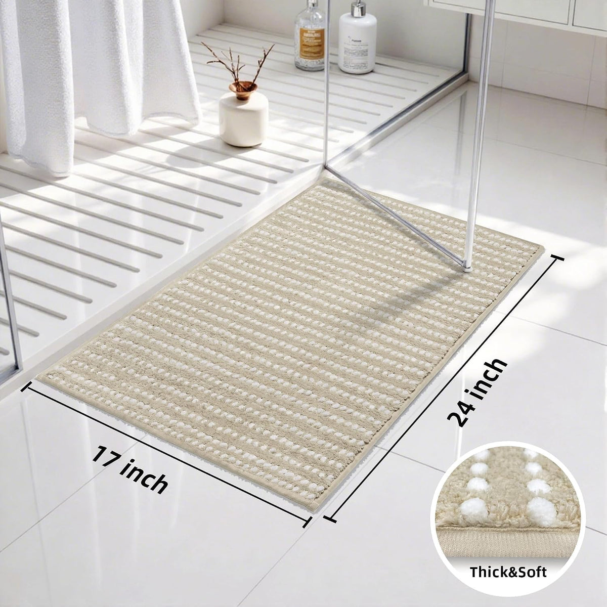 Bathroom Rugs 24'' x 17'', Extra Soft & Super Absorbent Bath Rugs Mat Non Slip Machine Washable, Quick Dry Bath Mats, Shaggy Microfiber Chenille Bath Rug for Bathroom Floor, Tub and Shower, Beige