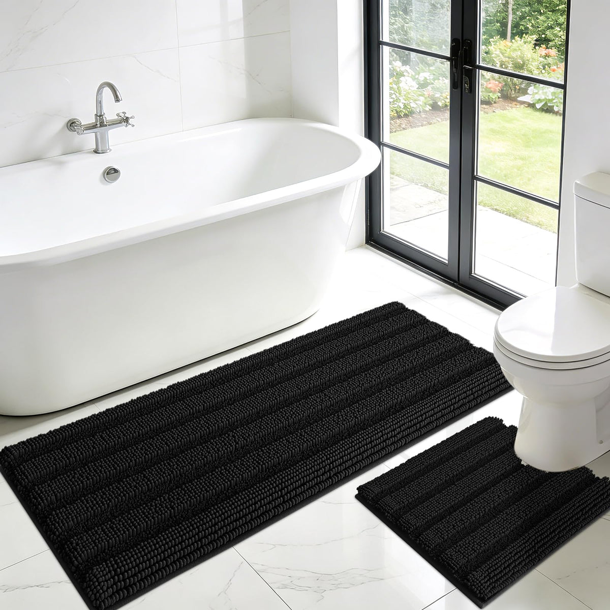 ACCUMTEK Christmas Striped Pink Bathroom Rug Set 3 Pieces Ultra Soft, Non Slip Chenille Toilet Mat, Absorbent Plush Shaggy Bath Mats for Bathroom, Bedroom, Kitchen