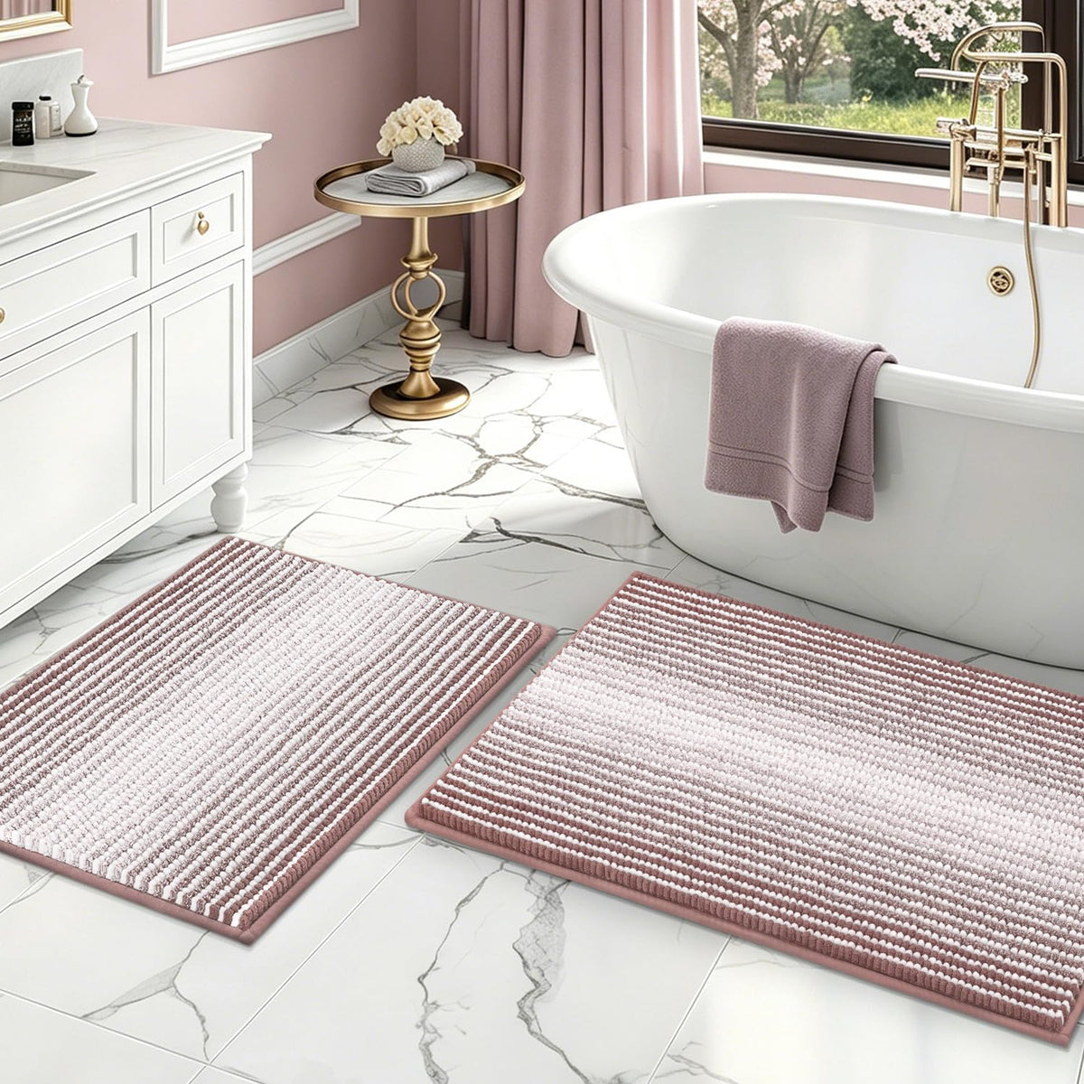BSICPRO Large Chenille Bathroom Rugs Runner, 20x47 Striped Bath Mats, Beige