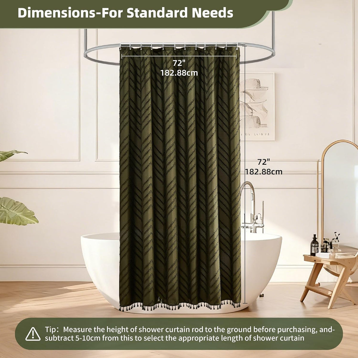 Siiluminisoy Boho Shower Curtain with Tassel Woven Fabric Olive Green Shower Curtain 72 x 72 Modern Farmhouse Textured Tufted Chevron Striped Minimalist Bathroom Shower Curtains