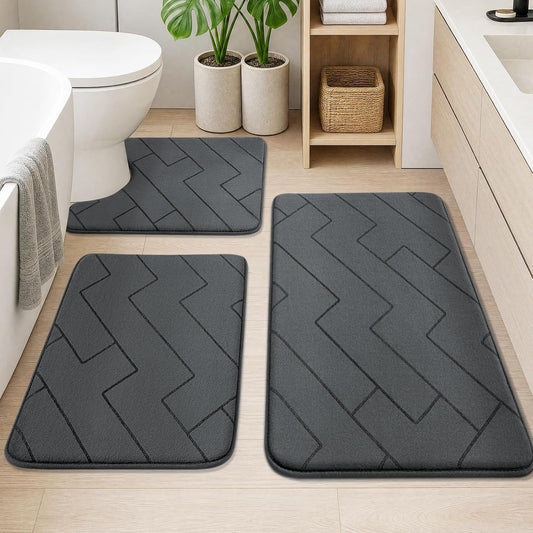 YIHOUSE 3 Piece Bathroom Rug Set - Soft Memory Foam Bath Mat, Dark Grey