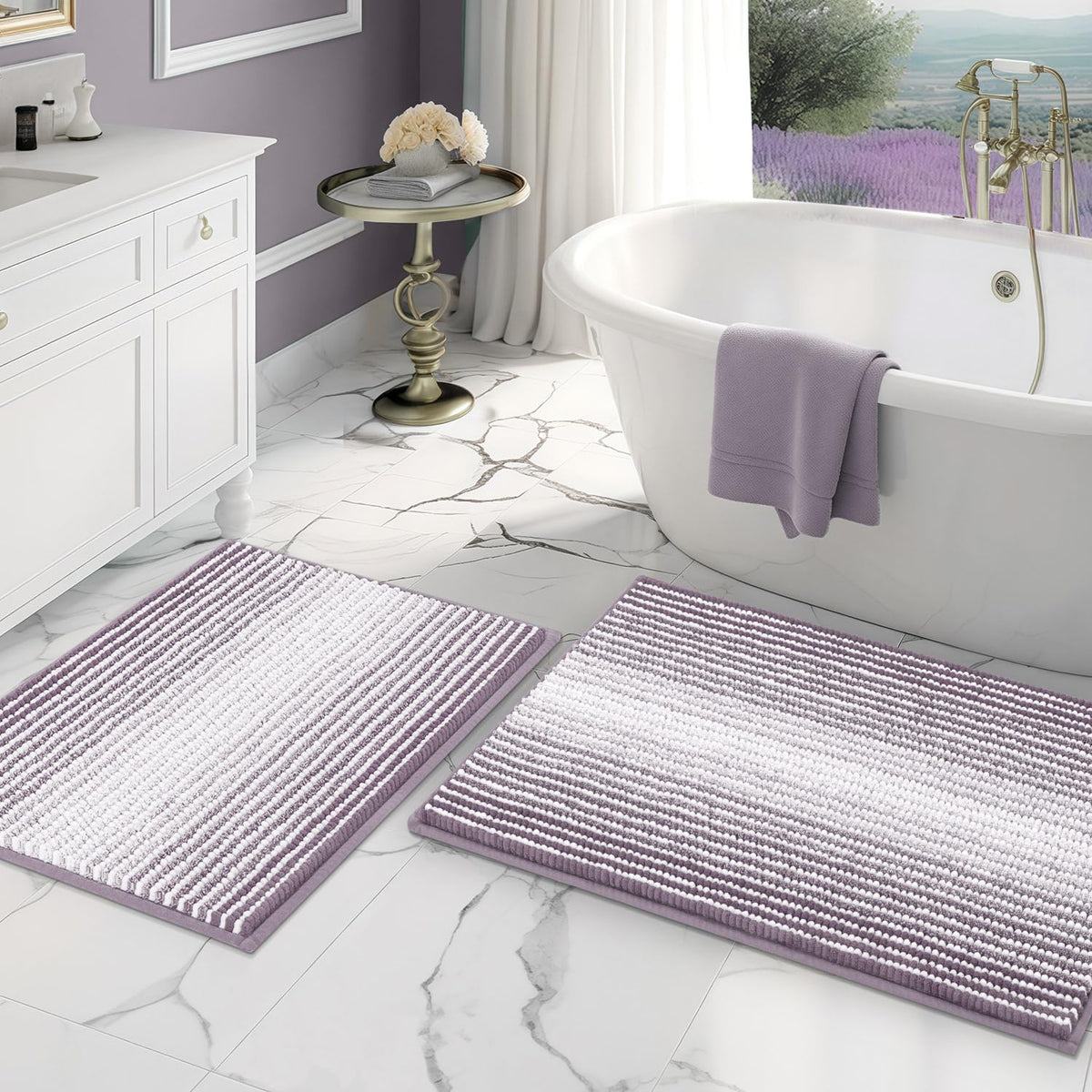 BSICPRO Large Chenille Bathroom Rugs Runner, 20x47 Striped Bath Mats, Beige