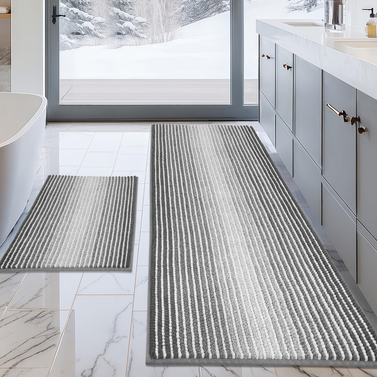 BSICPRO Large Chenille Bathroom Rugs Runner, 20x47 Striped Bath Mats, Beige