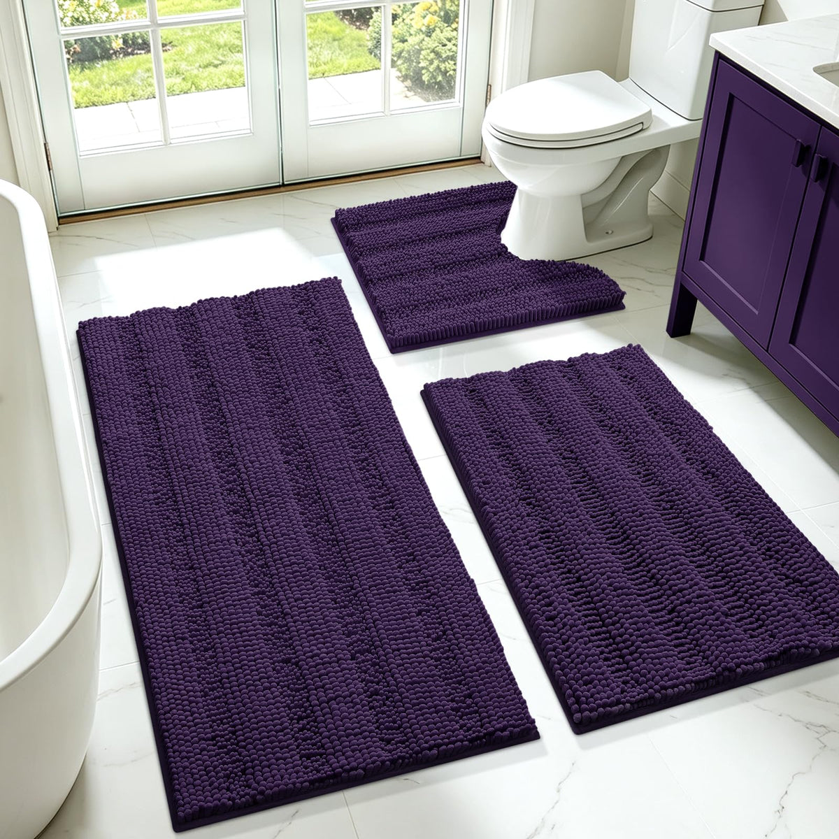 ACCUMTEK Christmas Striped Pink Bathroom Rug Set 3 Pieces Ultra Soft, Non Slip Chenille Toilet Mat, Absorbent Plush Shaggy Bath Mats for Bathroom, Bedroom, Kitchen