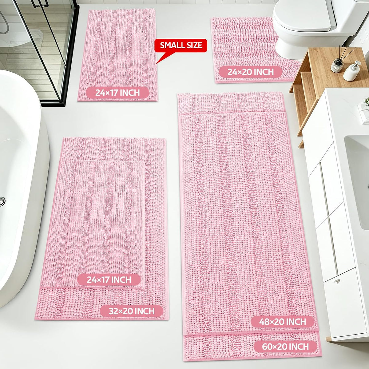 ACCUMTEK Christmas Striped Pink Bathroom Rug Set 3 Pieces Ultra Soft, Non Slip Chenille Toilet Mat, Absorbent Plush Shaggy Bath Mats for Bathroom, Bedroom, Kitchen