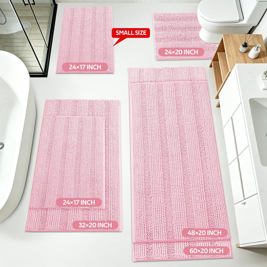 ACCUMTEK Christmas Striped Pink Bathroom Rug Set 3 Pieces Ultra Soft, Non Slip Chenille Toilet Mat, Absorbent Plush Shaggy Bath Mats for Bathroom, Bedroom, Kitchen