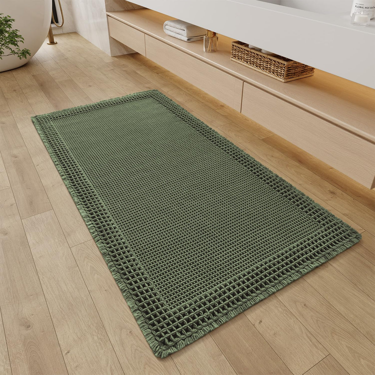 RESARE Waffle Bath Mat for Bathroom, Non Slip Bathroom Rugs 17"x24" Green