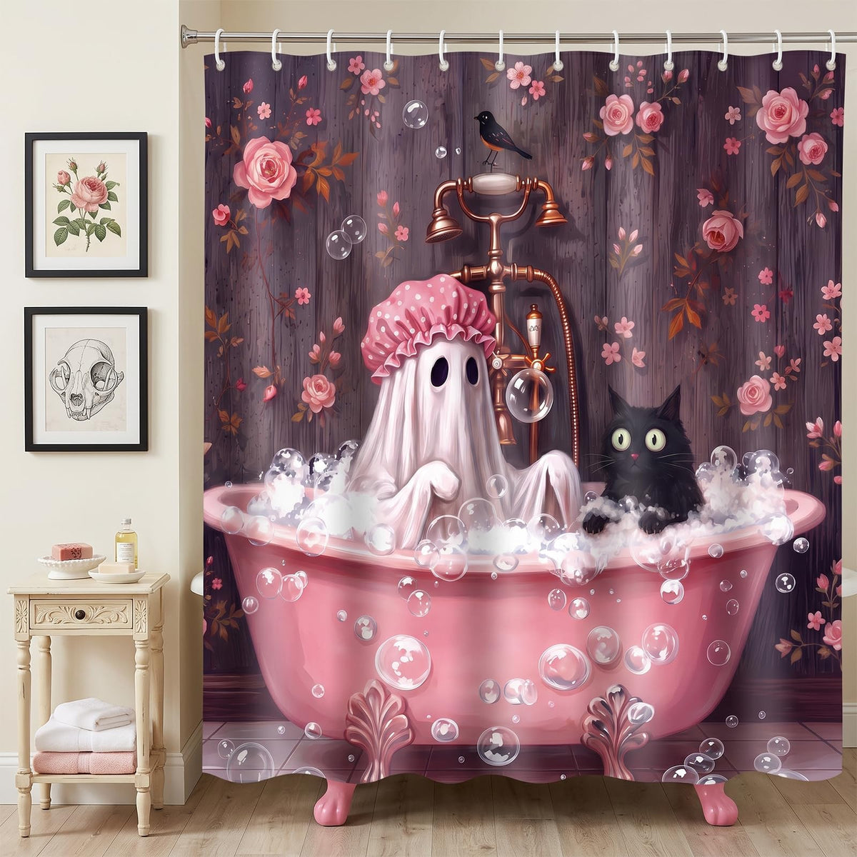 Halloween Shower Curtain 71x71in, Ghost Floral Bath Bathroom Decor