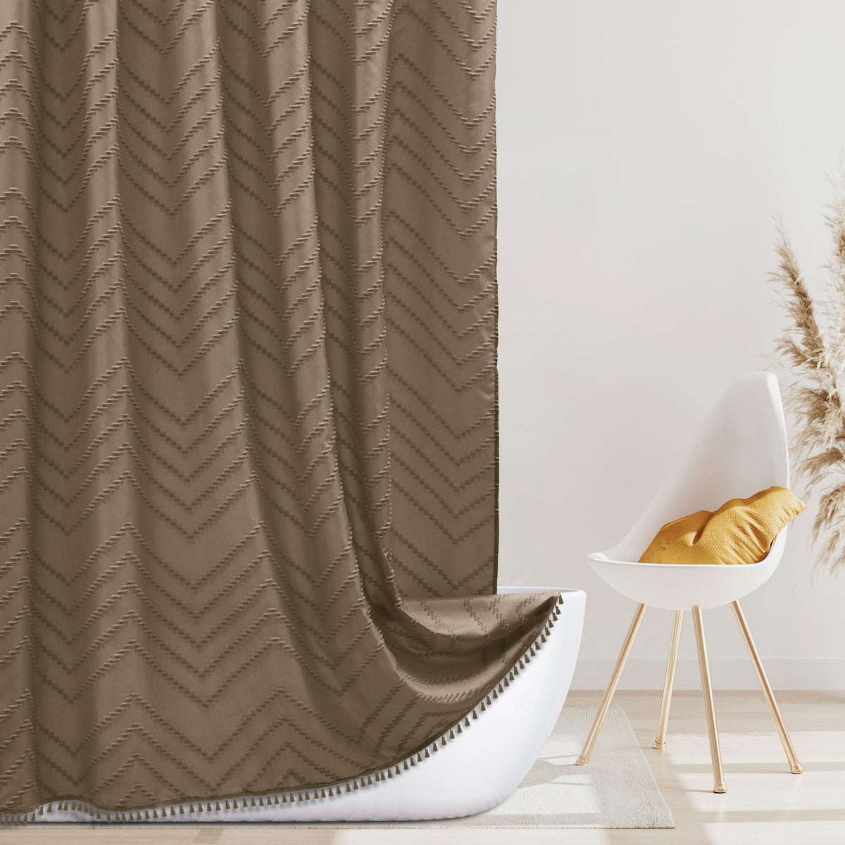 Siiluminisoy Boho Shower Curtain with Tassel Woven Fabric Olive Green Shower Curtain 72 x 72 Modern Farmhouse Textured Tufted Chevron Striped Minimalist Bathroom Shower Curtains