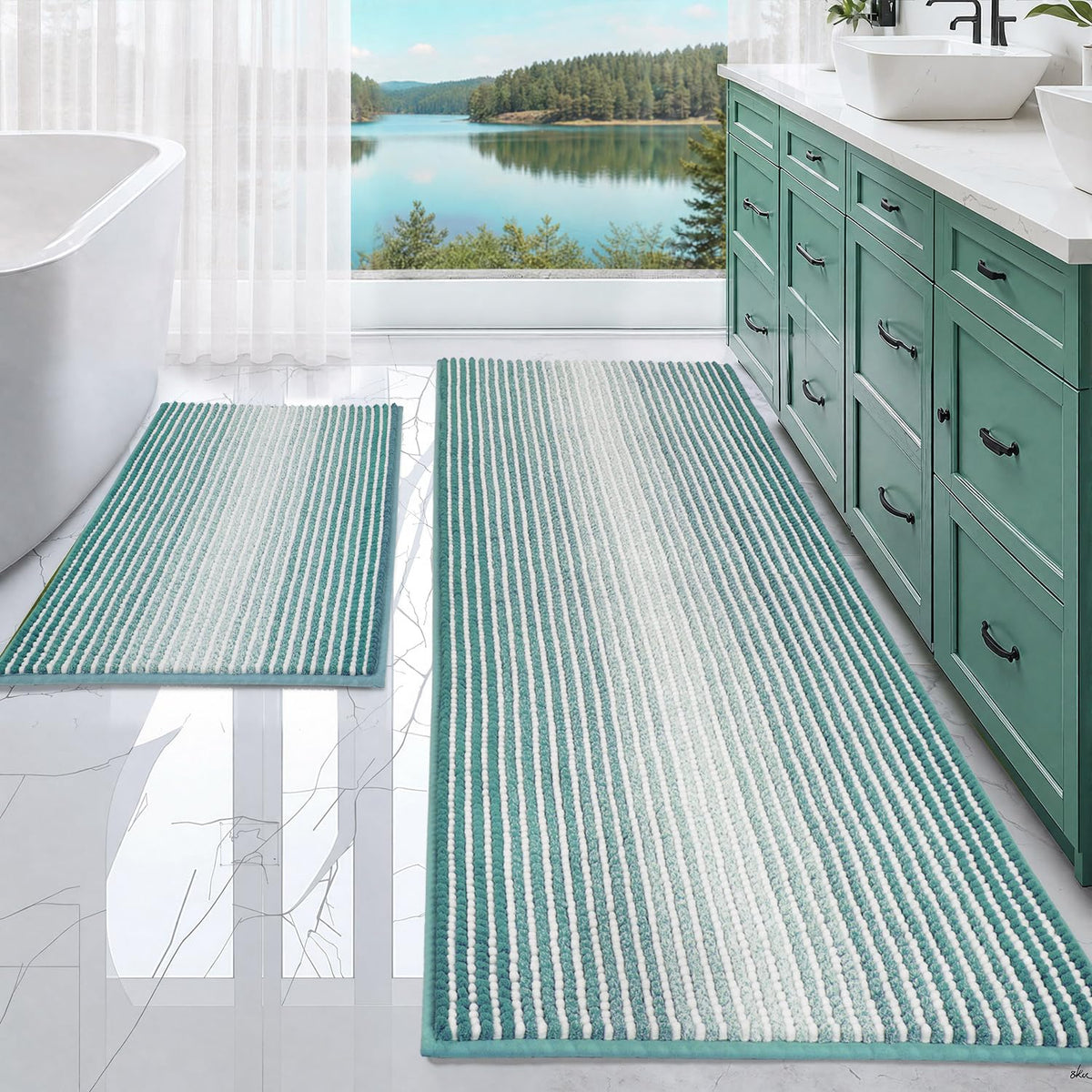 BSICPRO Large Chenille Bathroom Rugs Runner, 20x47 Striped Bath Mats, Beige