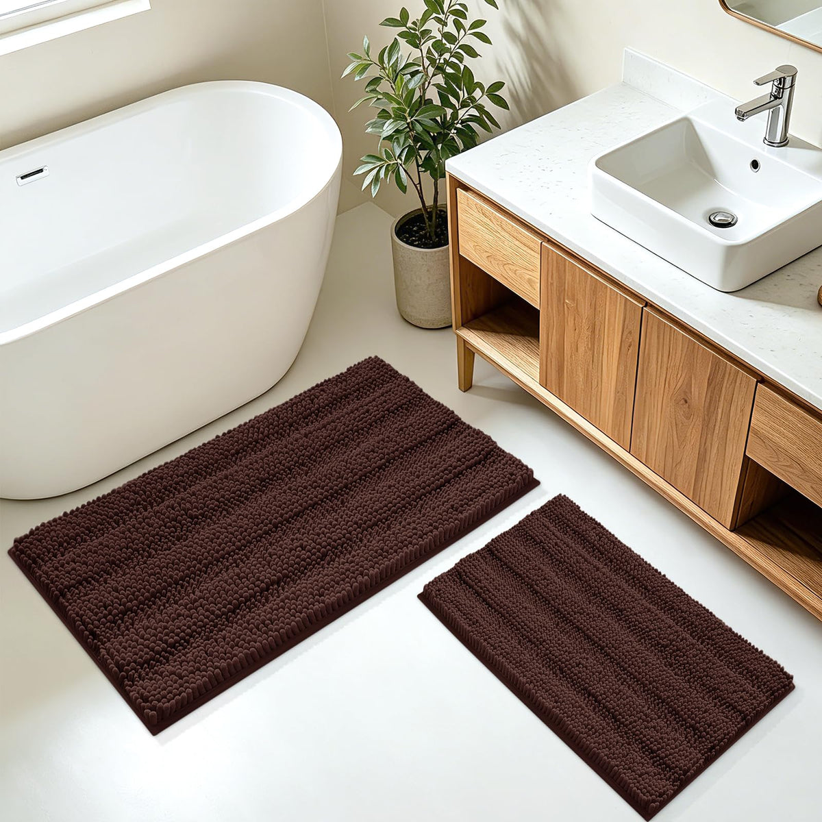 ACCUMTEK Christmas Striped Pink Bathroom Rug Set 3 Pieces Ultra Soft, Non Slip Chenille Toilet Mat, Absorbent Plush Shaggy Bath Mats for Bathroom, Bedroom, Kitchen