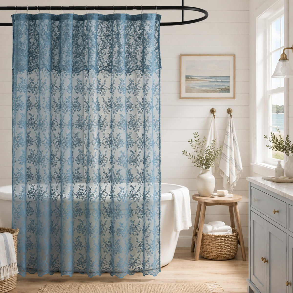 TUDECO Sage Green Shower Curtain with Attached Valance, 72 x 72, 1 Panel