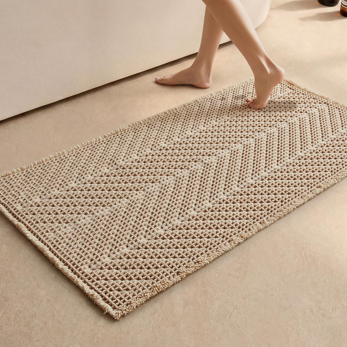 Sunfly Boho Herringbone Waffle Bath Mat, Ultra Soft Non-Slip Bathroom Rug - Super Absorbent & Quick Dry, Washable Bath Rug for Bathroom 16"x24" Taupe