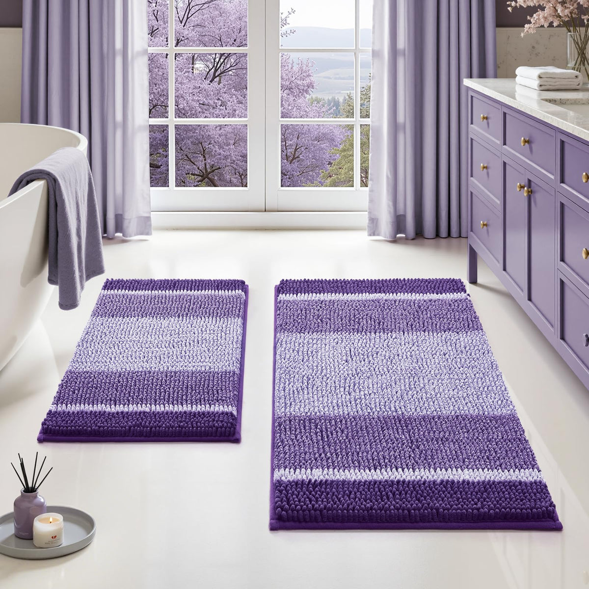 HOMEIDEAS Blue Bathroom Rugs Sets 2 Piece Chenille, 20"x32"+17"x24"