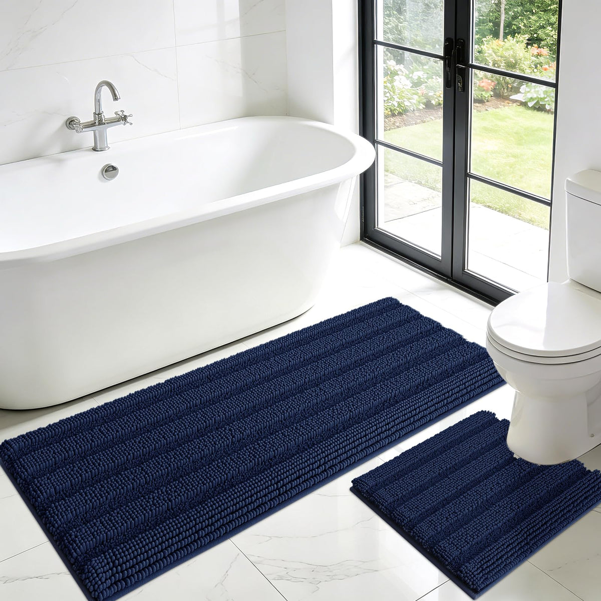 ACCUMTEK Christmas Striped Pink Bathroom Rug Set 3 Pieces Ultra Soft, Non Slip Chenille Toilet Mat, Absorbent Plush Shaggy Bath Mats for Bathroom, Bedroom, Kitchen