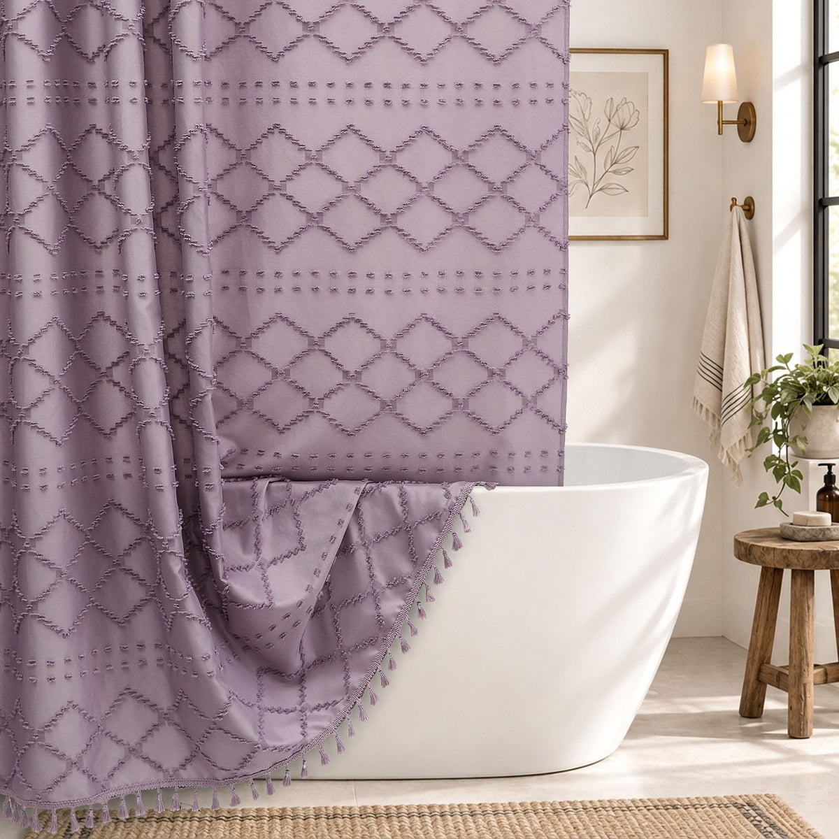 White Boho Shower Curtain Fabric Shower Curtains with Tassel 72 x 72 Modern Textured Shower Curtain Farmhouse Minimalist, Tufted Chevron Striped Shabby Chic, Water Resistant Cloth Curtain for Bathroom