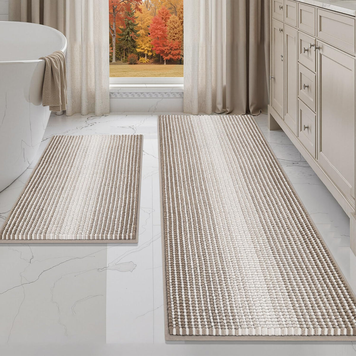 BSICPRO Large Chenille Bathroom Rugs Runner, 20x47 Striped Bath Mats, Beige