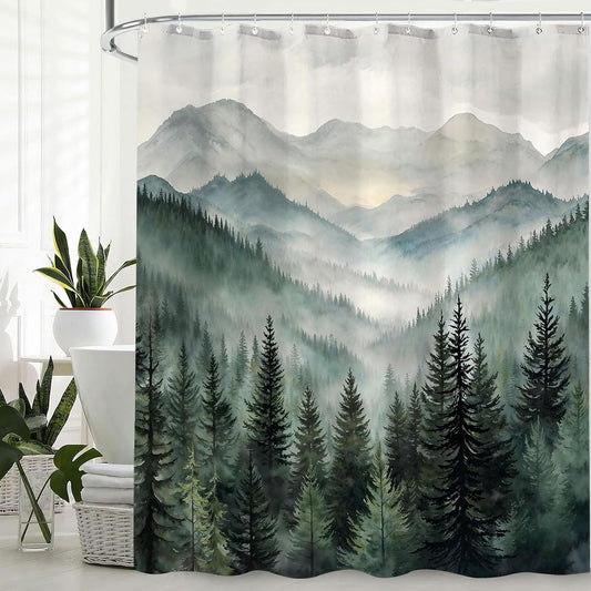 Accnicc Forest Mountain Shower Curtain Dark Green Nature Misty Pine Tree Shower Curtains for Bathroom Foggy Rustic Woodland Decorative Waterproof Fabric Bath Curtain Decor 72×72 Inches