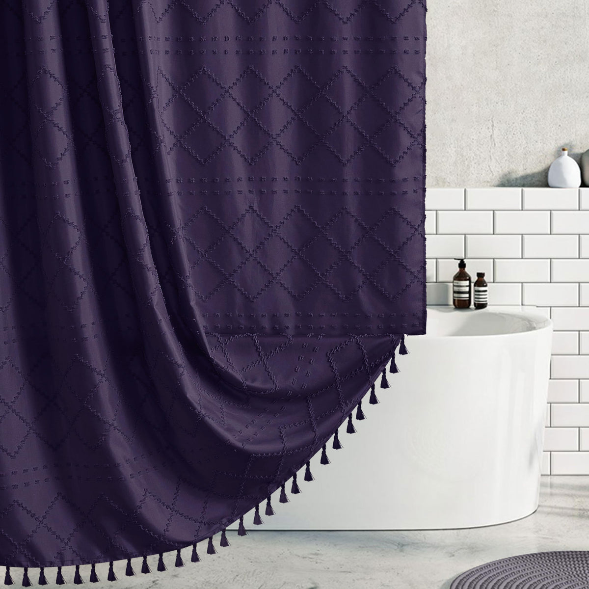 White Boho Shower Curtain Fabric Shower Curtains with Tassel 72 x 72 Modern Textured Shower Curtain Farmhouse Minimalist, Tufted Chevron Striped Shabby Chic, Water Resistant Cloth Curtain for Bathroom