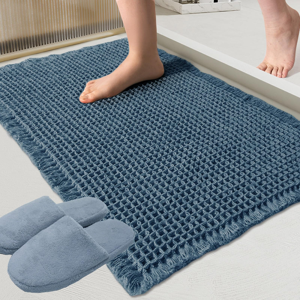 ZALL Waffle Bath Mat,Dark Green Super Absorbent Non Slip Bathroom Rug,17x24inch,Machine Washable Ultra Soft Floor Mats