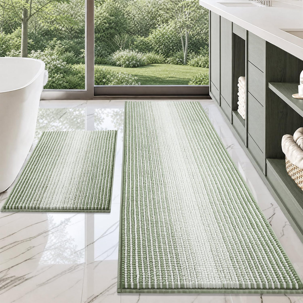 BSICPRO Large Chenille Bathroom Rugs Runner, 20x47 Striped Bath Mats, Beige