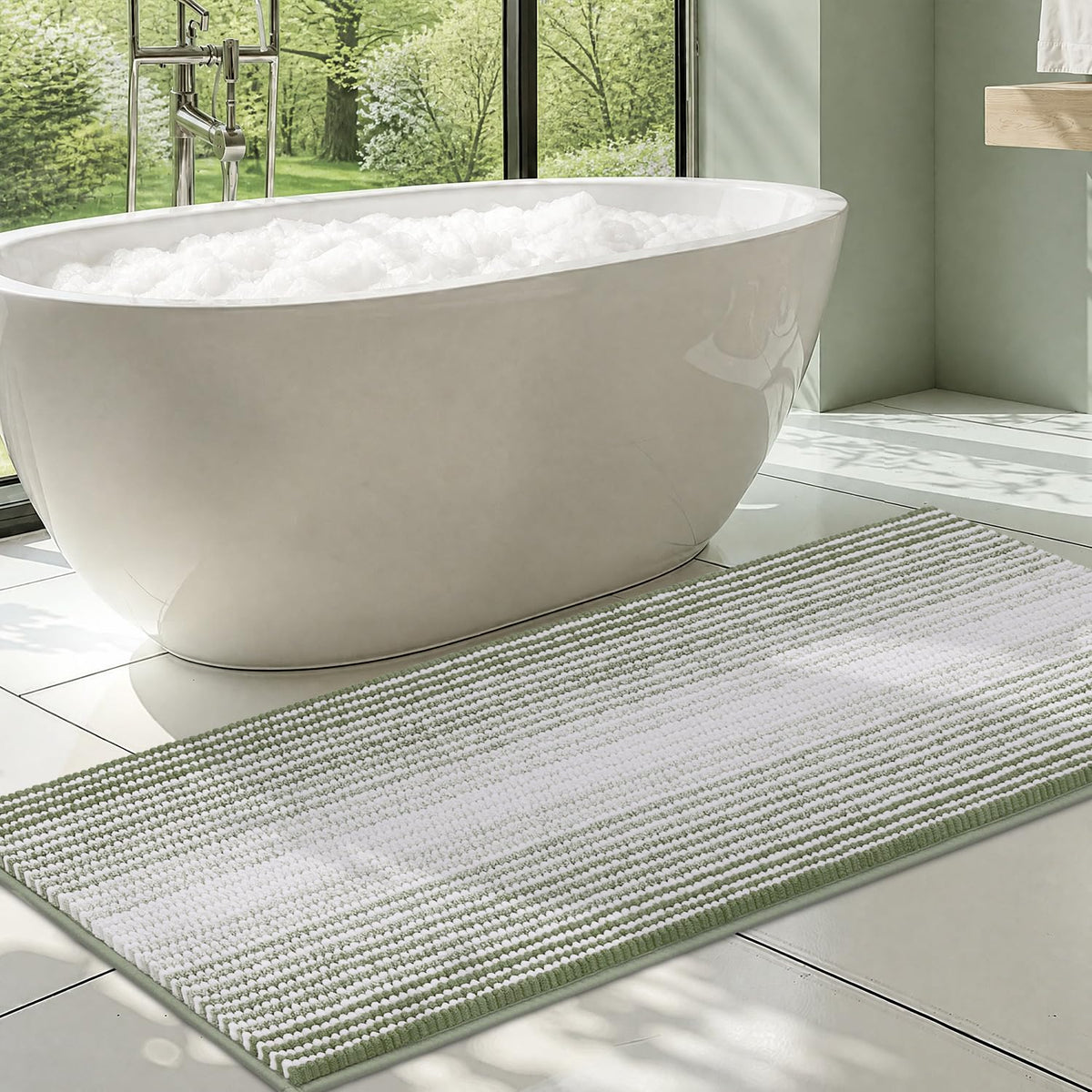 BSICPRO Large Chenille Bathroom Rugs Runner, 20x47 Striped Bath Mats, Beige