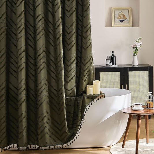 Siiluminisoy Boho Shower Curtain with Tassel Woven Fabric Olive Green Shower Curtain 72 x 72 Modern Farmhouse Textured Tufted Chevron Striped Minimalist Bathroom Shower Curtains