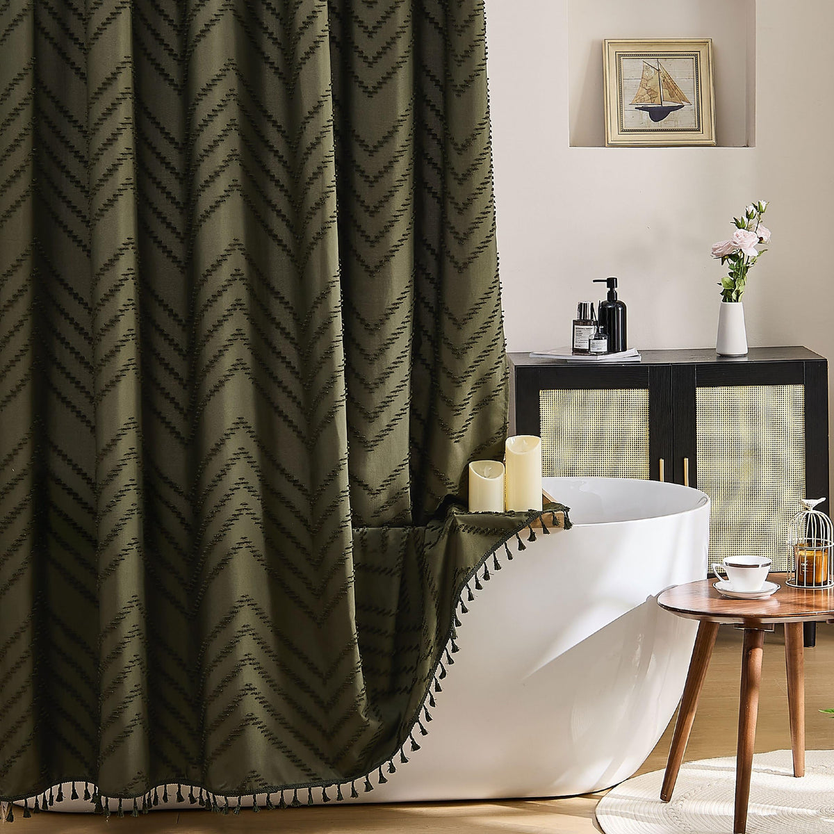 Siiluminisoy Boho Shower Curtain with Tassel Woven Fabric Olive Green Shower Curtain 72 x 72 Modern Farmhouse Textured Tufted Chevron Striped Minimalist Bathroom Shower Curtains