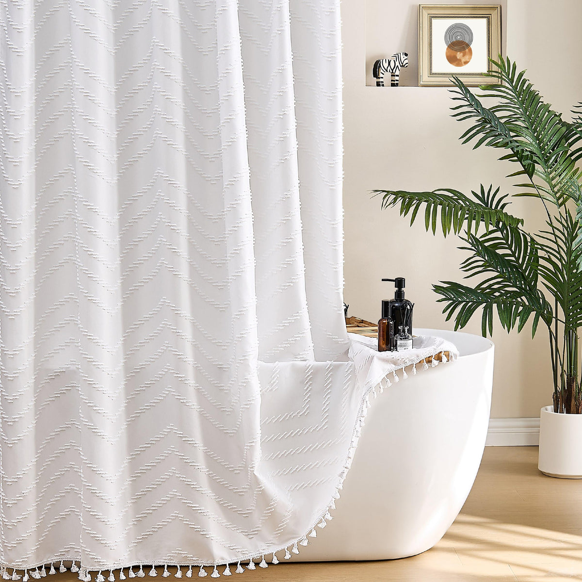Siiluminisoy Boho Shower Curtain with Tassel Woven Fabric Olive Green Shower Curtain 72 x 72 Modern Farmhouse Textured Tufted Chevron Striped Minimalist Bathroom Shower Curtains